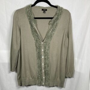 Talbots Sage Green 55% Silk 45% Cotton Ruffle V-Neck Cardigan Sweater Christmas